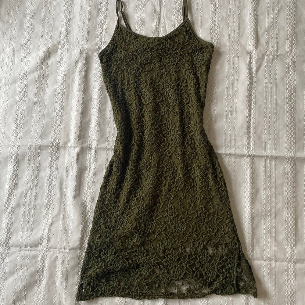 Green Mossy Lace Midi Dress Spaghetti Straps